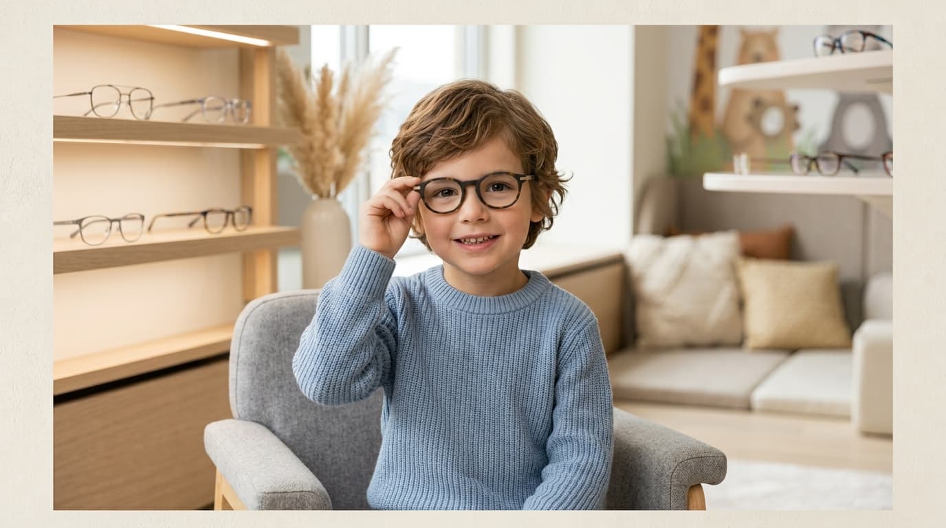 Child trying on glasses at an optician's shop