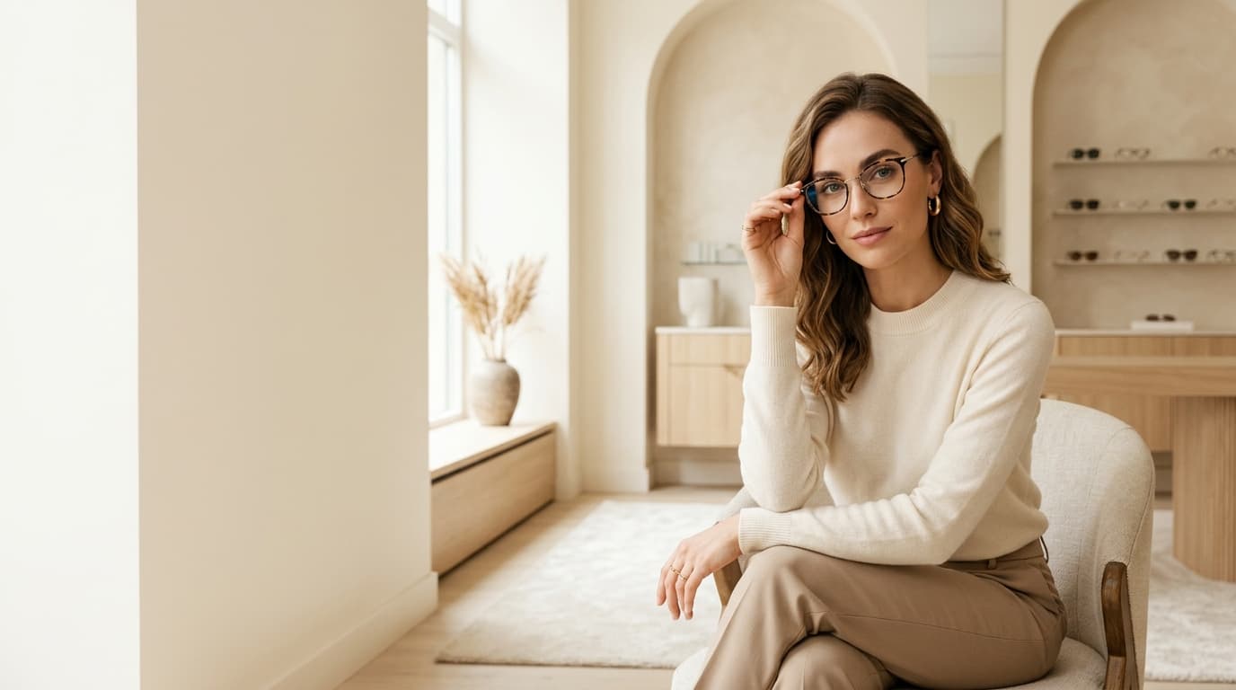 Woman trying on glasses at an optician's shop