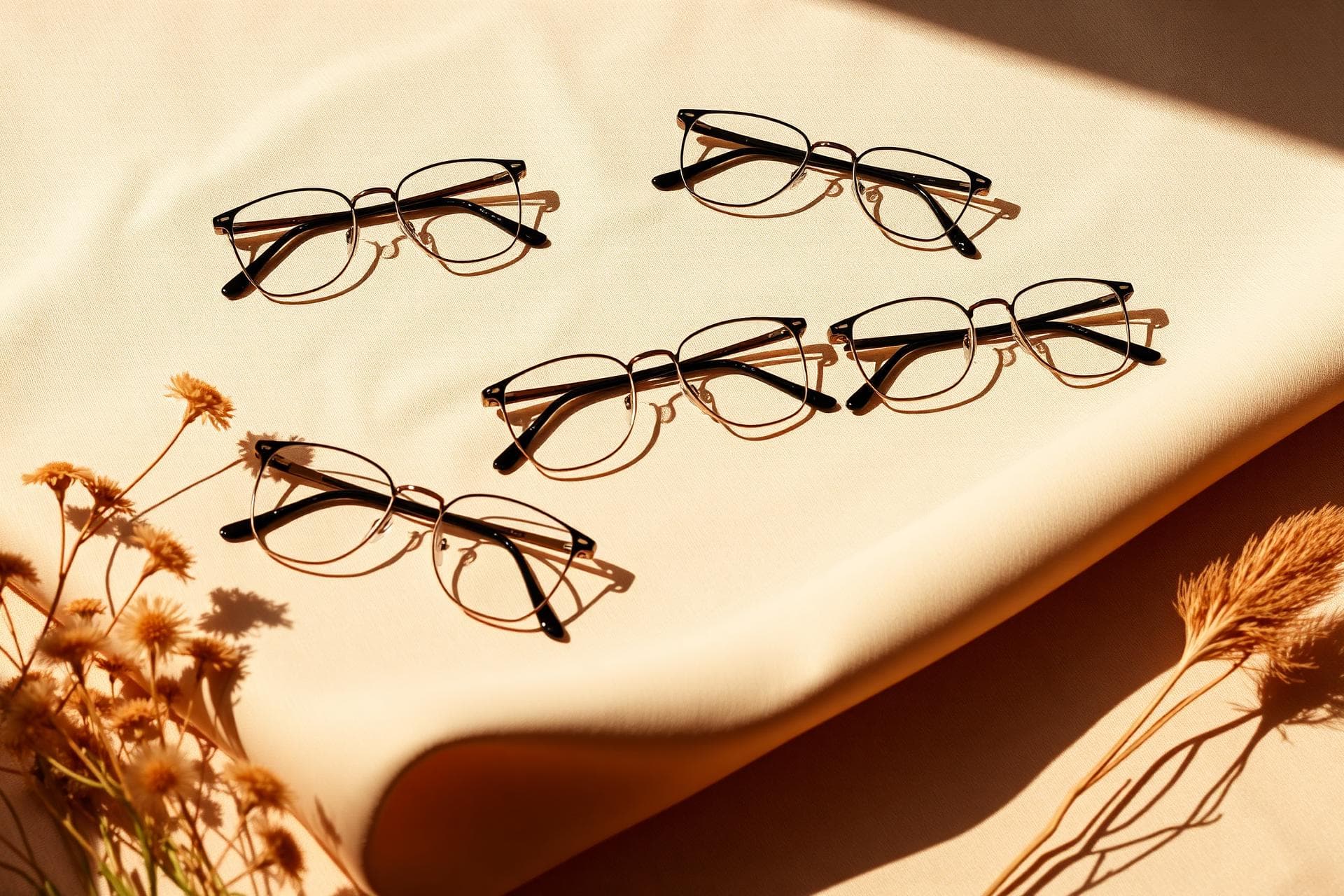 Eyewear frames displayed on warm, autumn-toned fabric