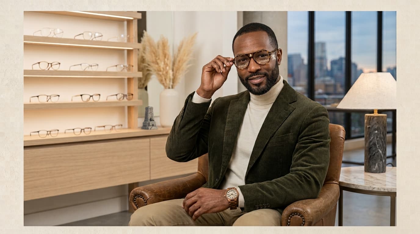 Man trying on glasses in front of an optician's frame display