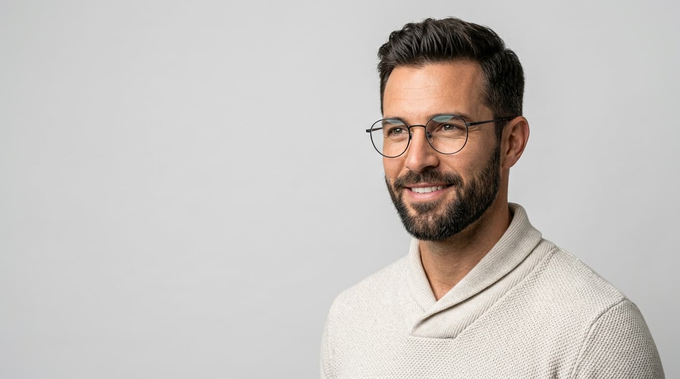Portrait of a man wearing round wire-frame glasses